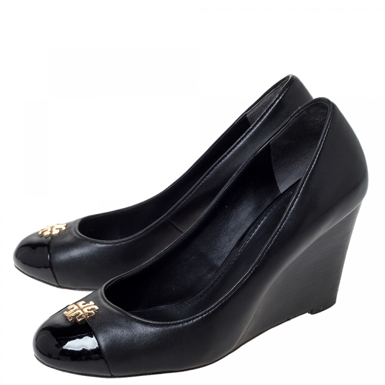 Pre Owned Tory Burch Black Leather Reva Cap Toe Wedge Pumps Size 37.5