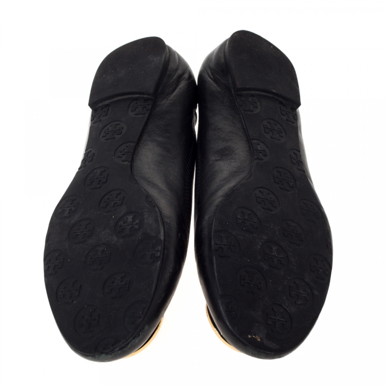 Pre Owned Tory Burch Black Leather Reva Ballet Flats Size 37.5