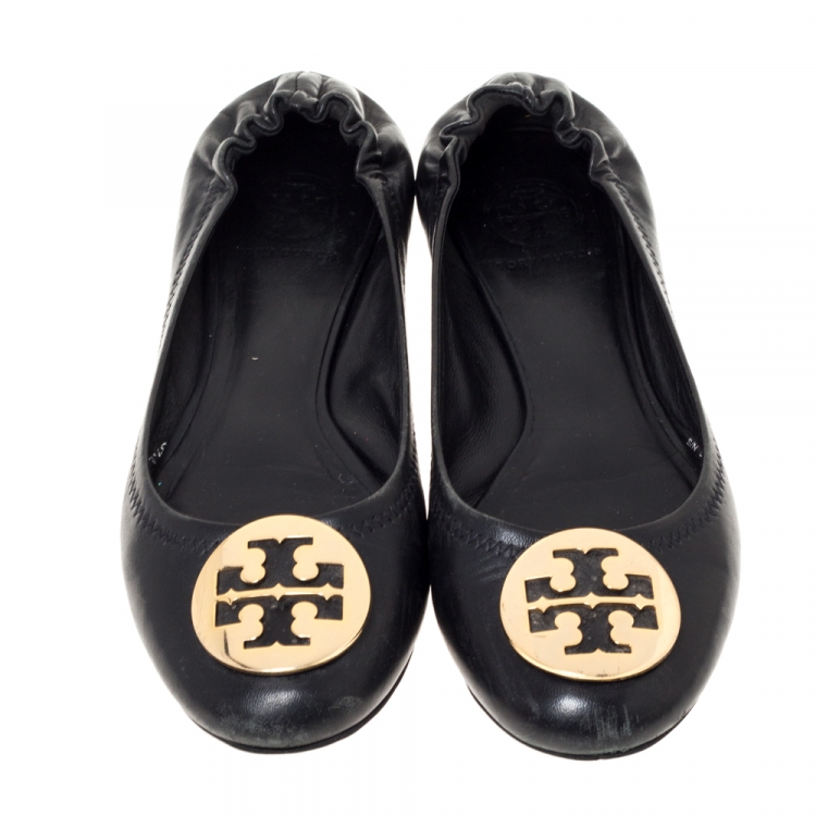 Pre Owned Tory Burch Black Leather Reva Ballet Flats Size 37.5