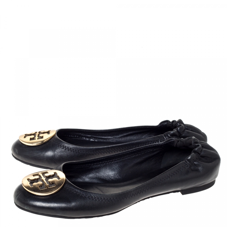 Pre Owned Tory Burch Black Leather Reva Ballet Flats Size 37.5