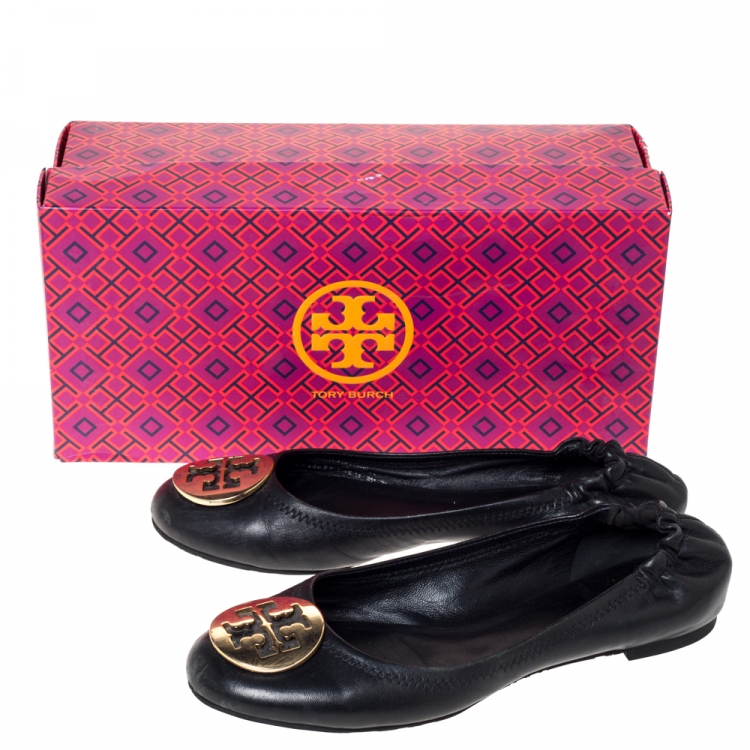Pre Owned Tory Burch Black Leather Reva Ballet Flats Size 37.5
