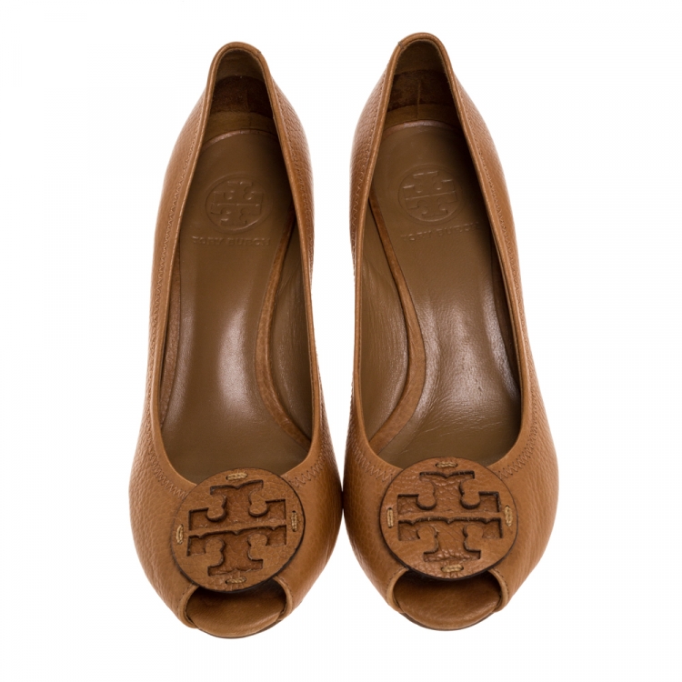 Pre Owned Tory Burch Brown Leather Julianne Peep Toe Wedge Pumps Size 37.5