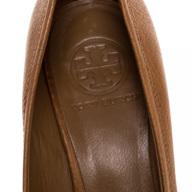 Pre Owned Tory Burch Brown Leather Julianne Peep Toe Wedge Pumps Size 37.5