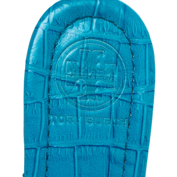 مملوكة مسبقًا Tory Burch Blue Croc Embossed Leather Miller Flat Thong Sandals Size 36