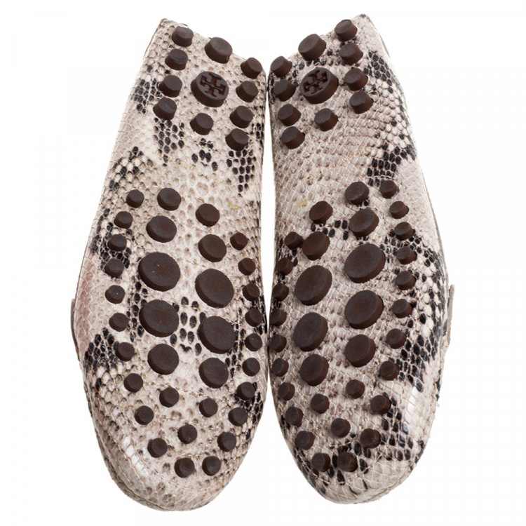 Pre Owned Tory Burch Beige/Brown Python Effect Leather Kendrick Driving Loafers Size 36