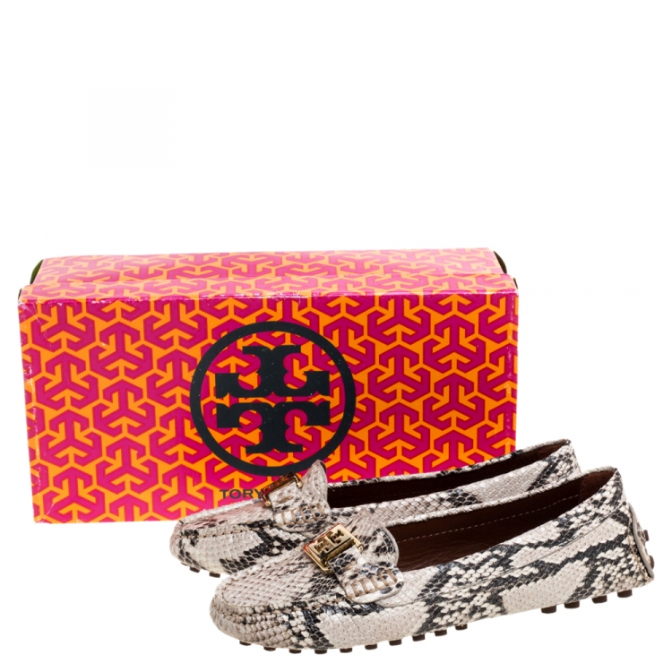 Pre Owned Tory Burch Beige/Brown Python Effect Leather Kendrick Driving Loafers Size 36