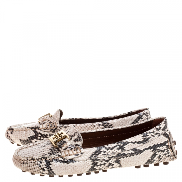 Pre Owned Tory Burch Beige/Brown Python Effect Leather Kendrick Driving Loafers Size 36