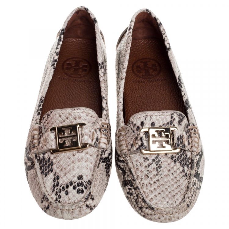 Pre Owned Tory Burch Beige/Brown Python Effect Leather Kendrick Driving Loafers Size 36