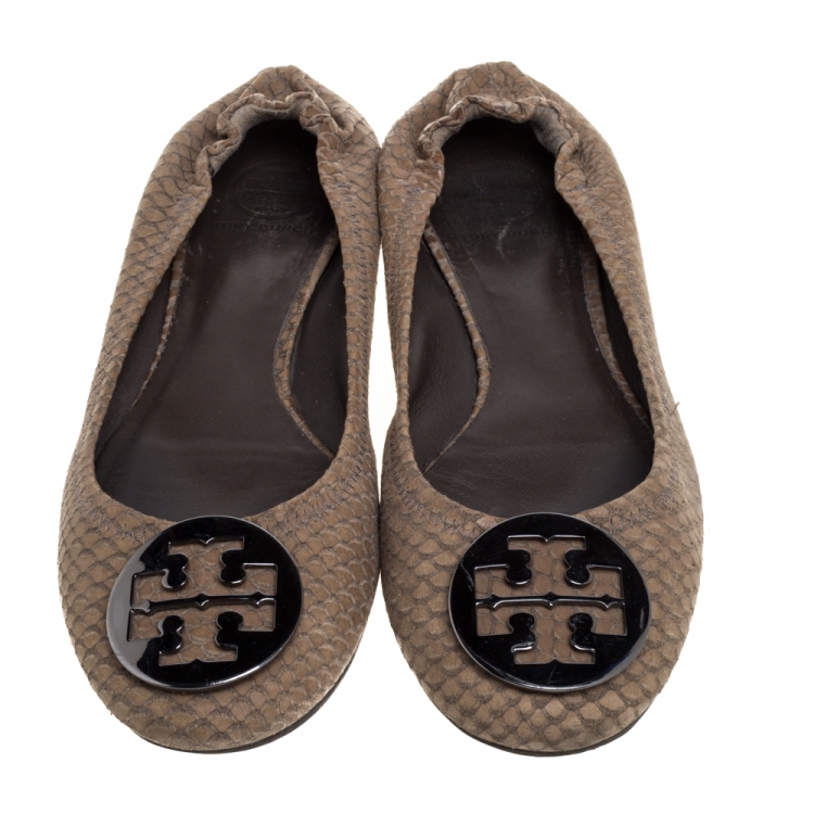 Pre Owned Tory Burch Brown Python Embossed Leather Reva Ballet Flats Size 39.5