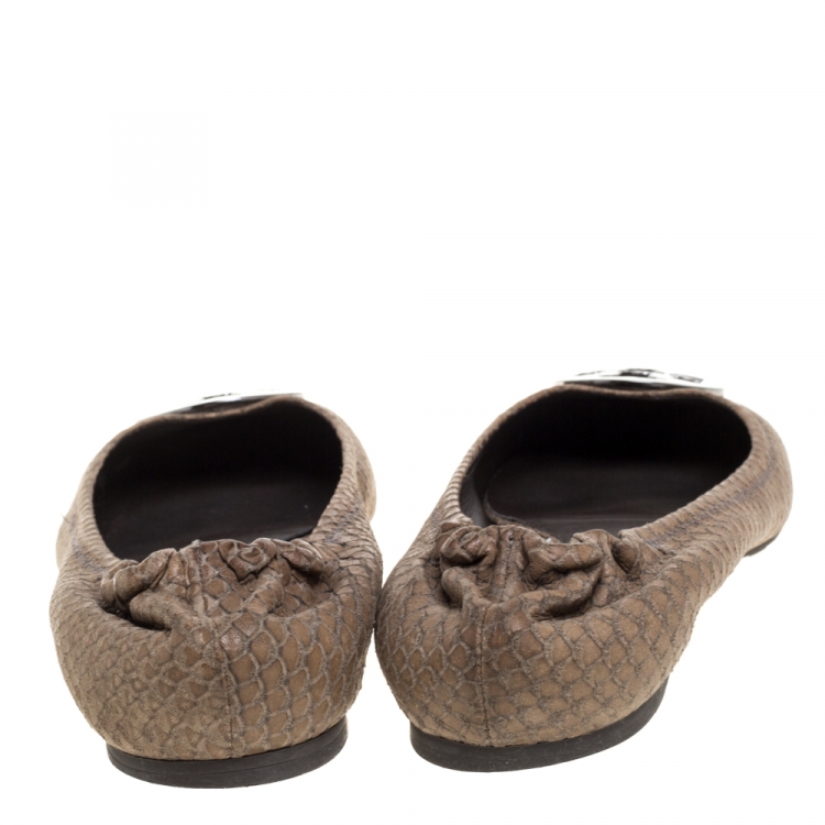 Pre Owned Tory Burch Brown Python Embossed Leather Reva Ballet Flats Size 39.5