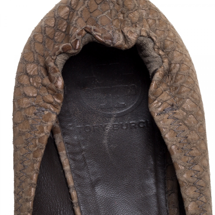 Pre Owned Tory Burch Brown Python Embossed Leather Reva Ballet Flats Size 39.5