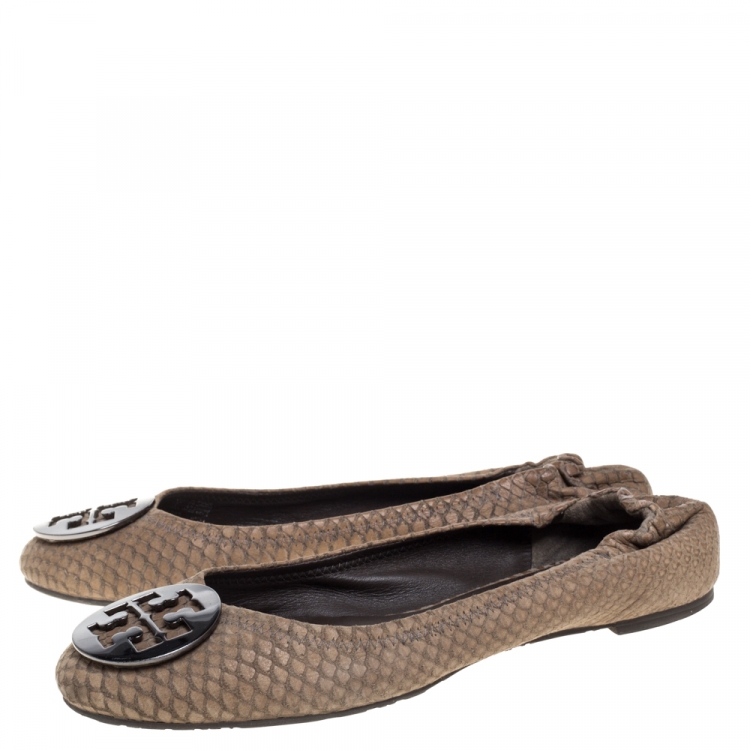 Pre Owned Tory Burch Brown Python Embossed Leather Reva Ballet Flats Size 39.5