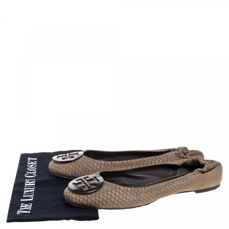 Pre Owned Tory Burch Brown Python Embossed Leather Reva Ballet Flats Size 39.5