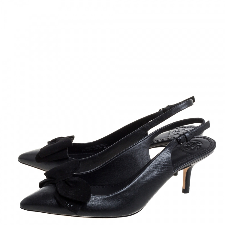 Pre Owned Tory Burch Black Leather Bow Slingback Sandals Size 38