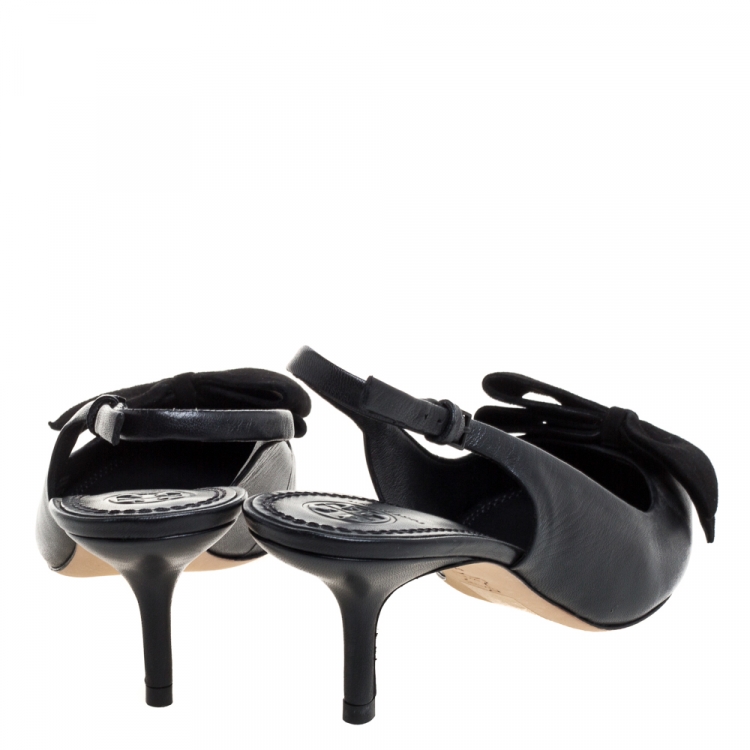 Pre Owned Tory Burch Black Leather Bow Slingback Sandals Size 38