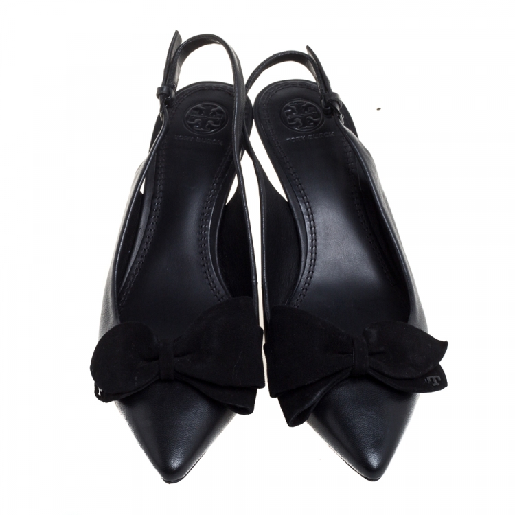 Pre Owned Tory Burch Black Leather Bow Slingback Sandals Size 38
