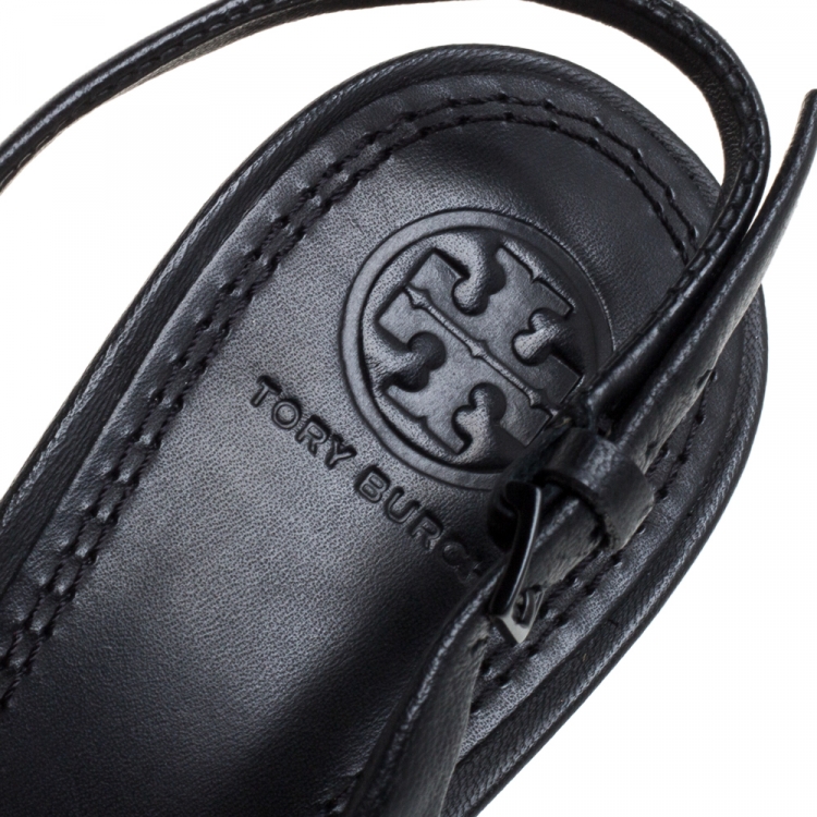 Pre Owned Tory Burch Black Leather Bow Slingback Sandals Size 38