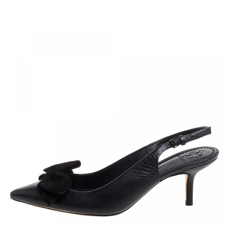 Pre Owned Tory Burch Black Leather Bow Slingback Sandals Size 38