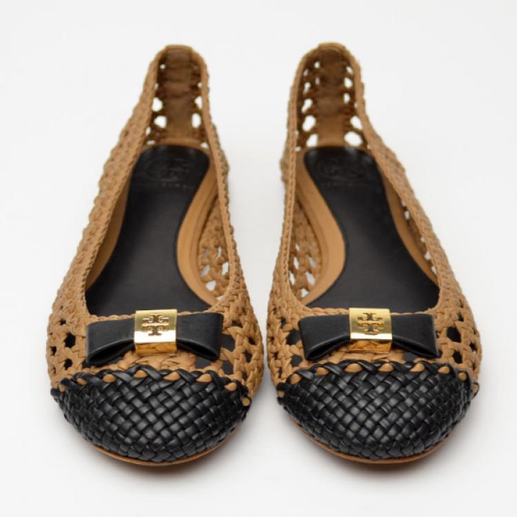 Pre Owned Tory Burch Carlyle Woven Leather Ballerinas Size 38