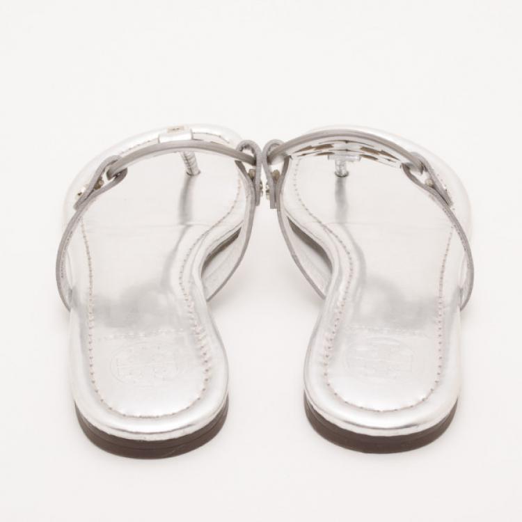 Pre Owned Tory Burch Silver Metallic 'Miller' Sandals Size 37.5