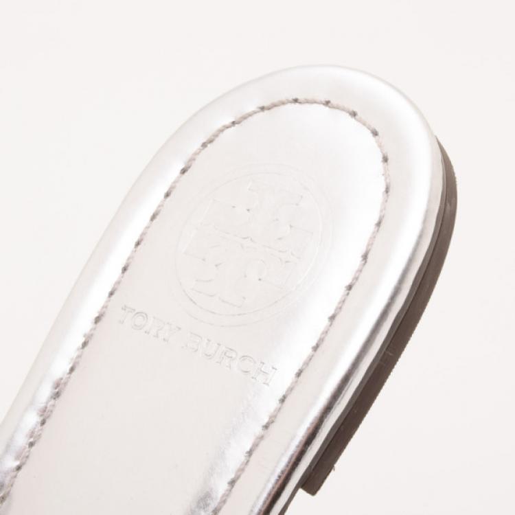 Pre Owned Tory Burch Silver Metallic 'Miller' Sandals Size 37.5