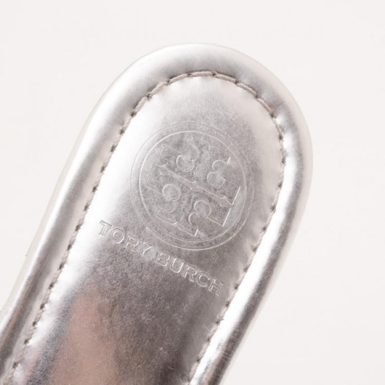 Pre Owned Tory Burch Silver Metallic 'Miller' Sandals Size 37.5