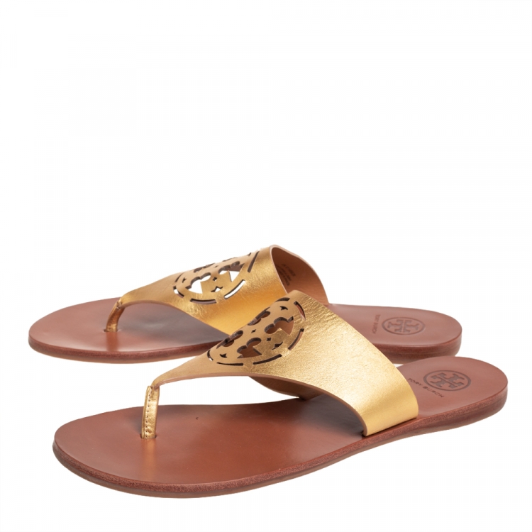 Pre Owned Tory Burch Gold Leather Thong Flats Sandals Size 37.5