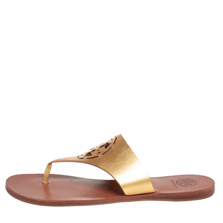 Pre Owned Tory Burch Gold Leather Thong Flats Sandals Size 37.5
