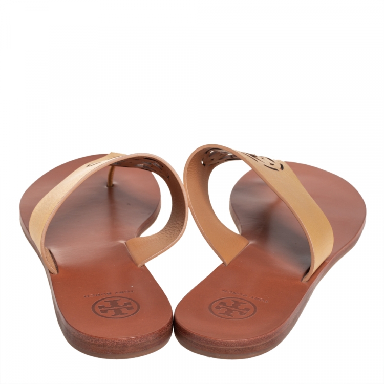Pre Owned Tory Burch Gold Leather Thong Flats Sandals Size 37.5