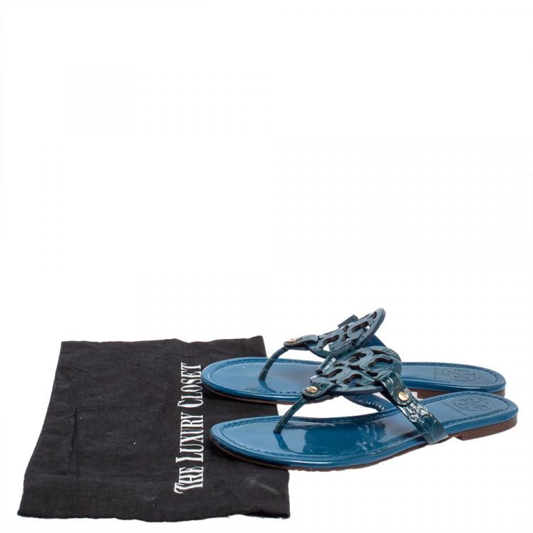Pre Owned Tory Burch Blue Croc Embossed Leather Thong Sandals Size 36