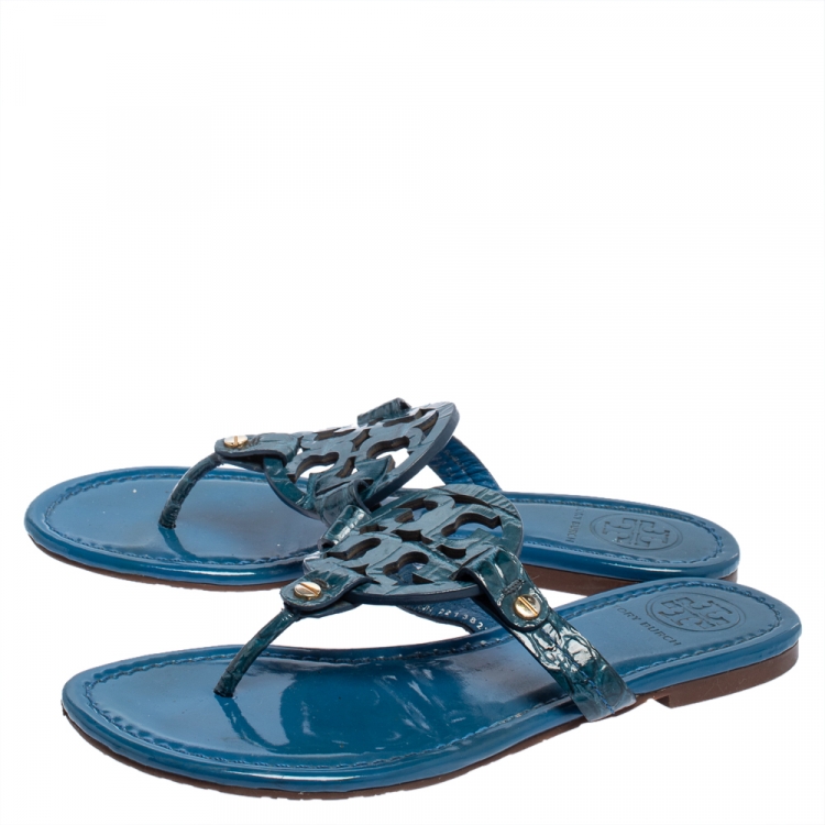 Pre Owned Tory Burch Blue Croc Embossed Leather Thong Sandals Size 36