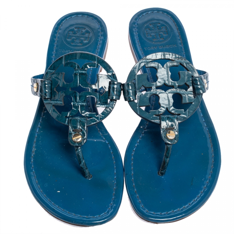 Pre Owned Tory Burch Blue Croc Embossed Leather Thong Sandals Size 36