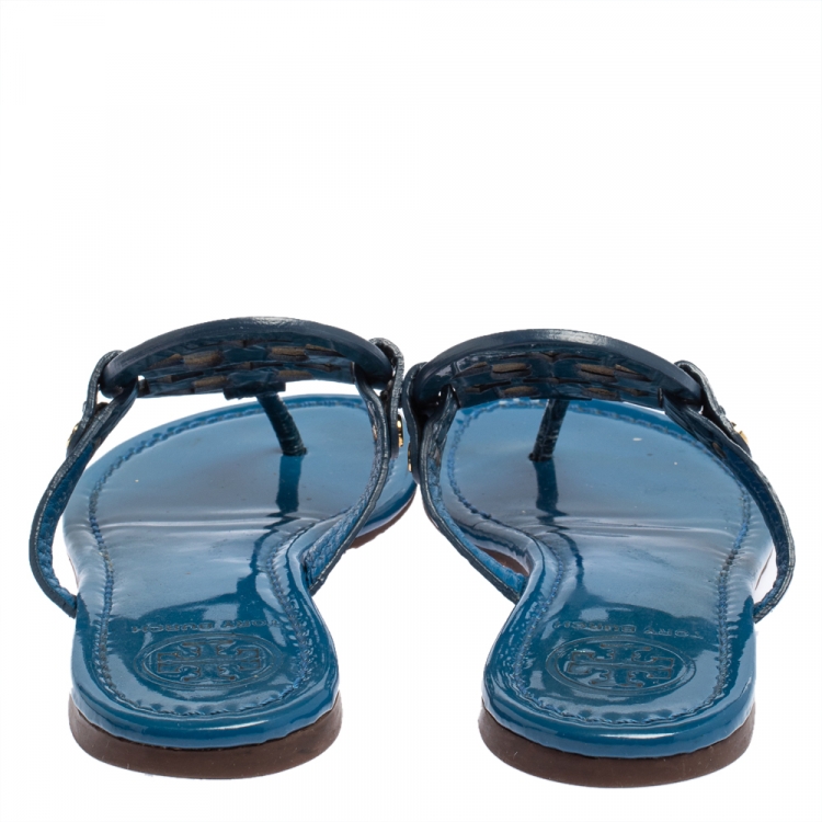 Pre Owned Tory Burch Blue Croc Embossed Leather Thong Sandals Size 36