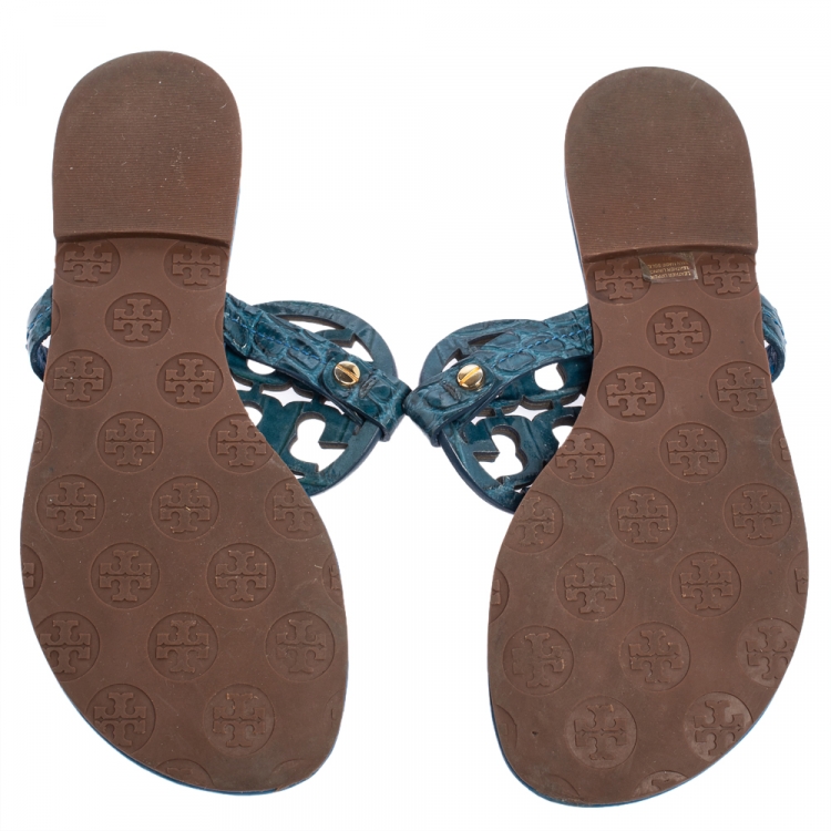 Pre Owned Tory Burch Blue Croc Embossed Leather Thong Sandals Size 36