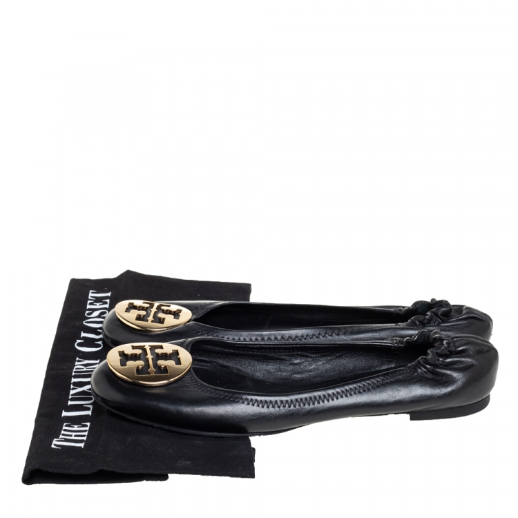 Pre Owned Tory Burch Black Leather Reva Logo Ballet Flats Size 39.5