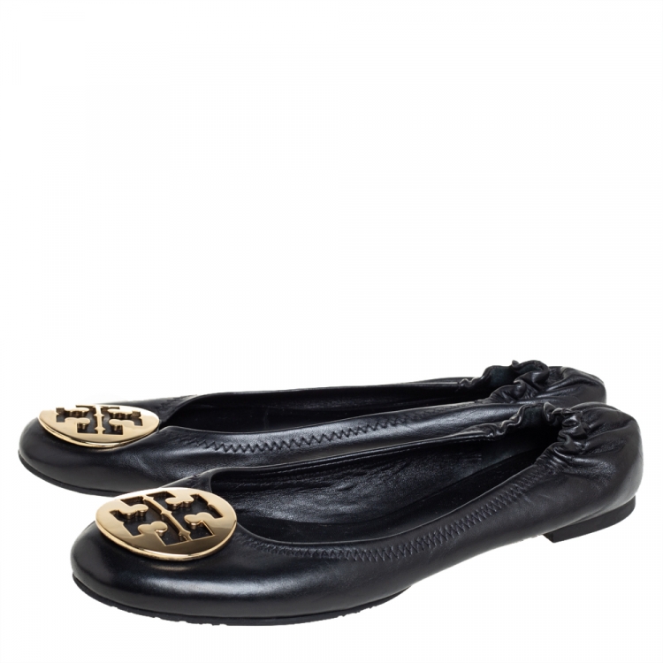Pre Owned Tory Burch Black Leather Reva Logo Ballet Flats Size 39.5