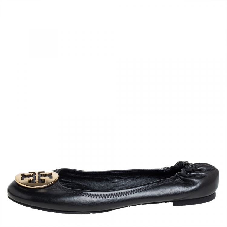 Pre Owned Tory Burch Black Leather Reva Logo Ballet Flats Size 39.5