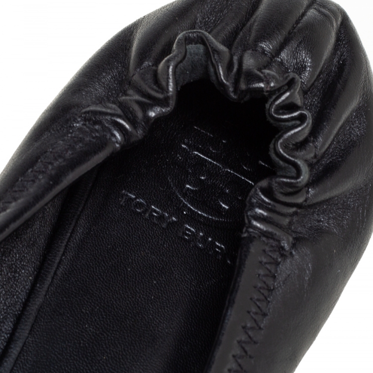 Pre Owned Tory Burch Black Leather Reva Logo Ballet Flats Size 39.5