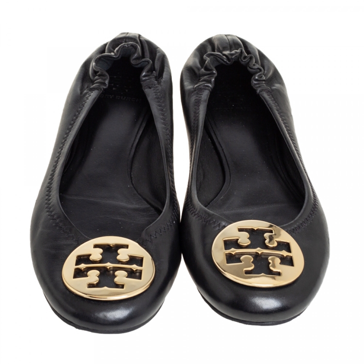 Pre Owned Tory Burch Black Leather Reva Logo Ballet Flats Size 39.5