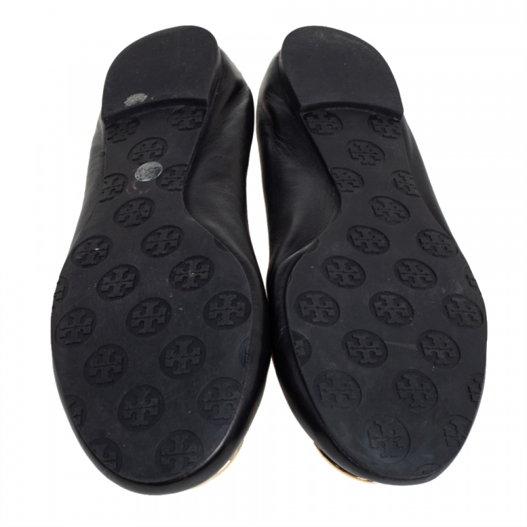 Pre Owned Tory Burch Black Leather Reva Logo Ballet Flats Size 39.5