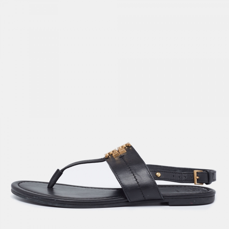 Tory Burch Black Leather Logo Embellished Flat Thong Slingback Sandals Size  37 Tory Burch | The Luxury Closet