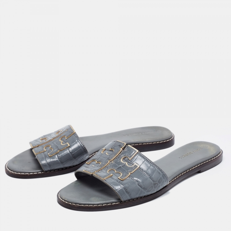 Pre Owned Tory Burch Grey Croc Embossed Leather Ines Flat Slides Size 38.5