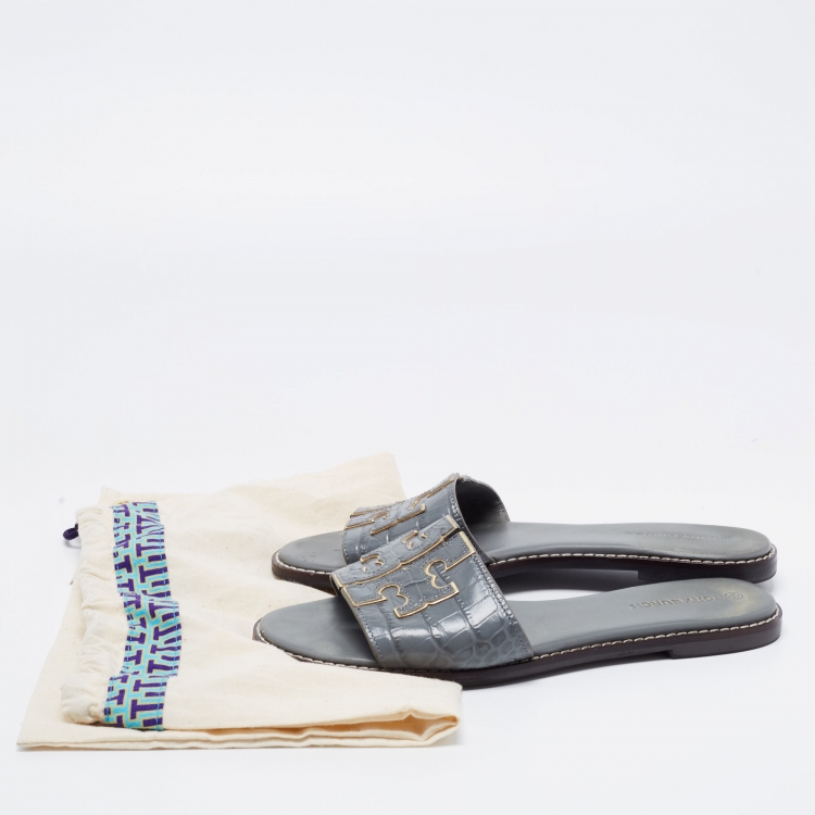 Pre Owned Tory Burch Grey Croc Embossed Leather Ines Flat Slides Size 38.5