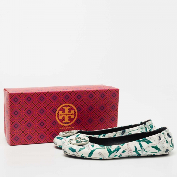 Pre Owned Tory Burch White/Green Floral Printed Leather Minnie Ballet Flats Size 39