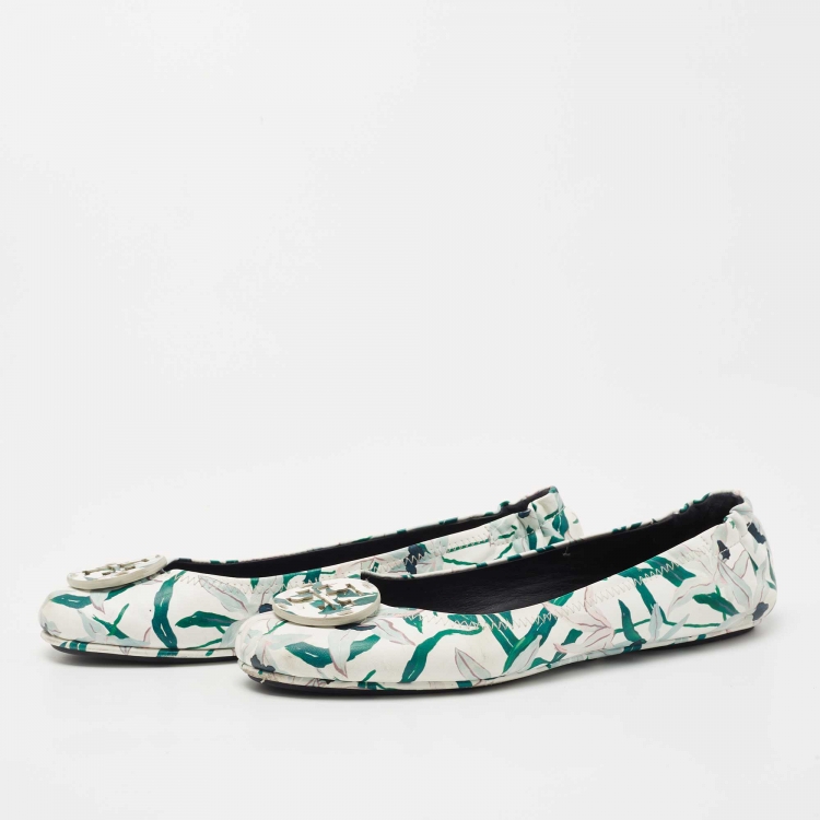 Pre Owned Tory Burch White/Green Floral Printed Leather Minnie Ballet Flats Size 39