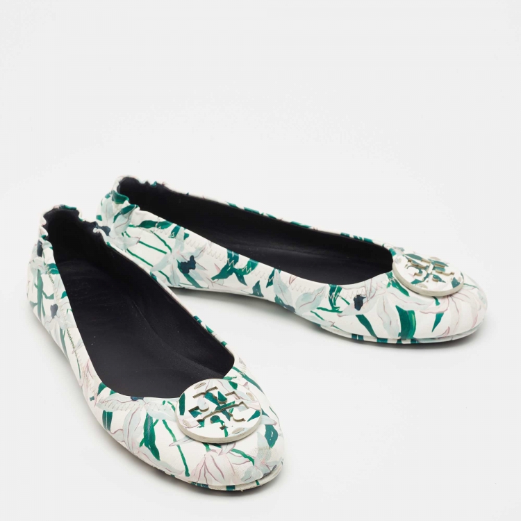 Pre Owned Tory Burch White/Green Floral Printed Leather Minnie Ballet Flats Size 39