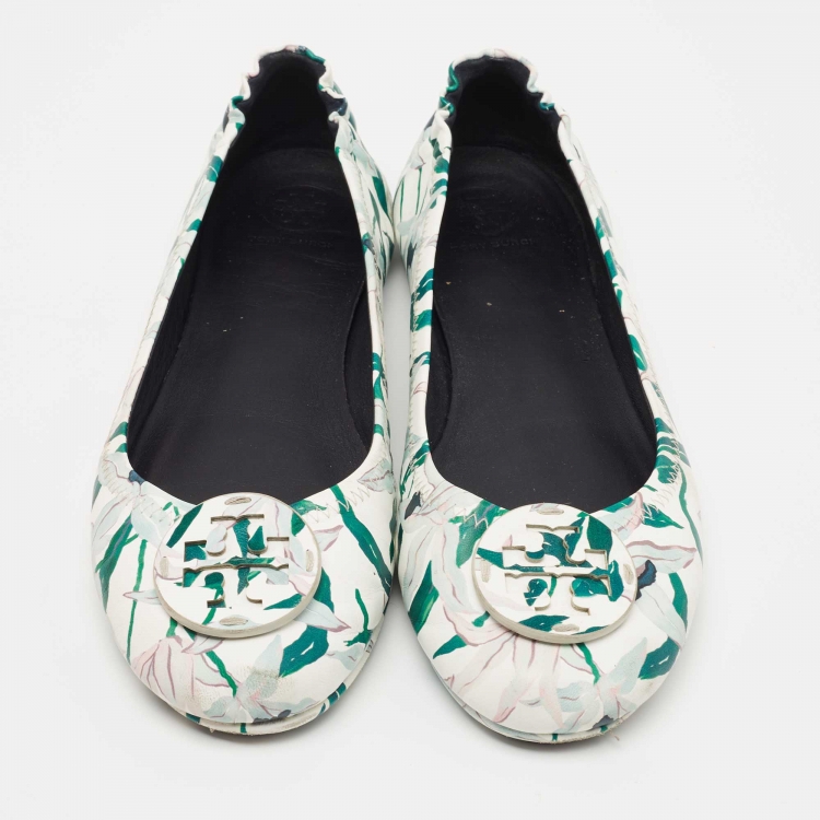 Pre Owned Tory Burch White/Green Floral Printed Leather Minnie Ballet Flats Size 39