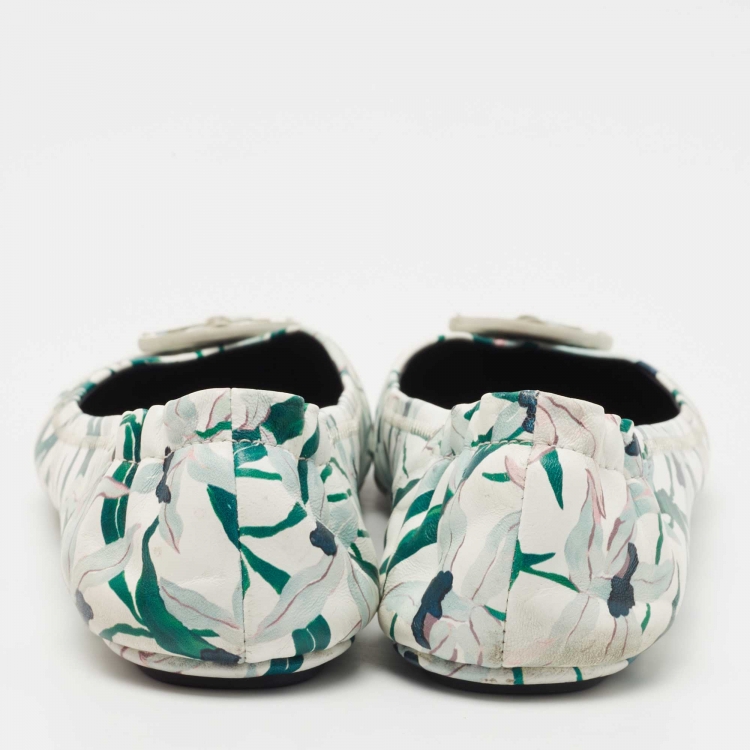 Pre Owned Tory Burch White/Green Floral Printed Leather Minnie Ballet Flats Size 39
