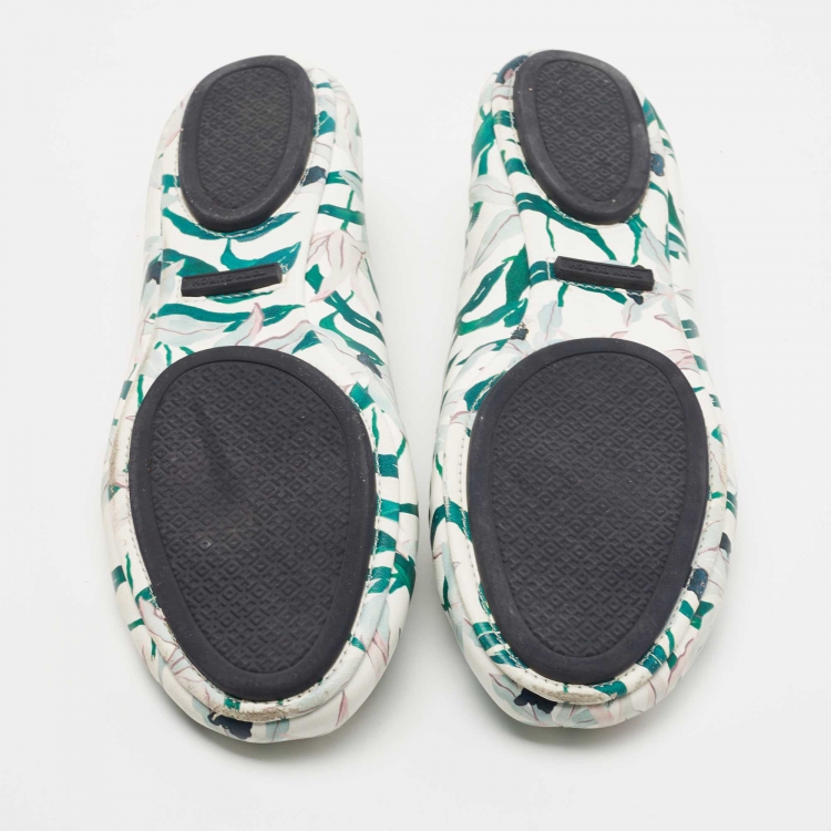 Pre Owned Tory Burch White/Green Floral Printed Leather Minnie Ballet Flats Size 39