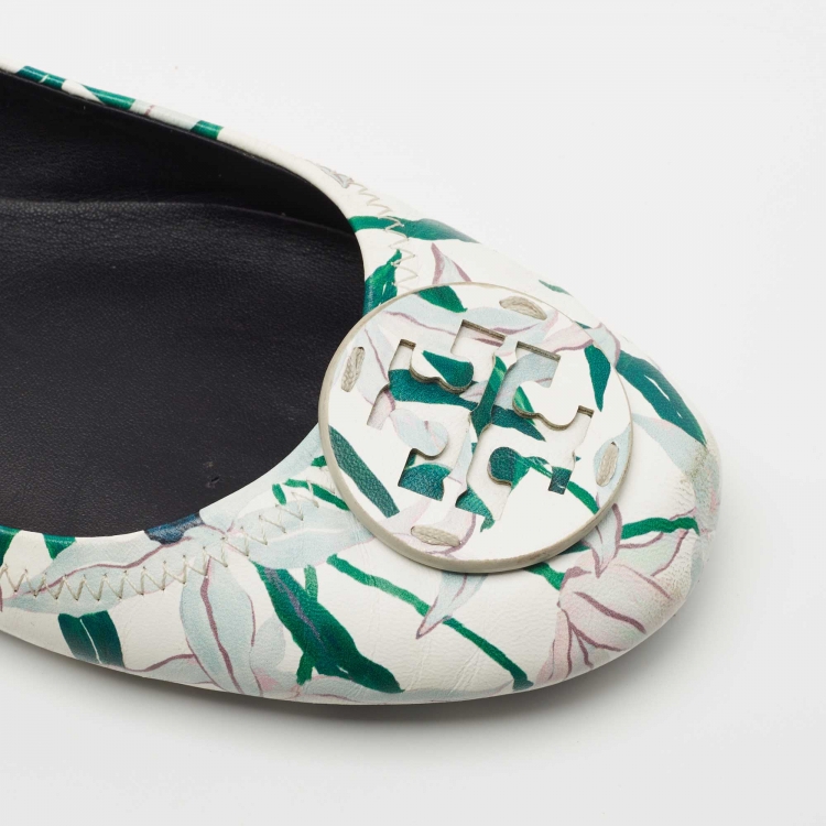 Pre Owned Tory Burch White/Green Floral Printed Leather Minnie Ballet Flats Size 39